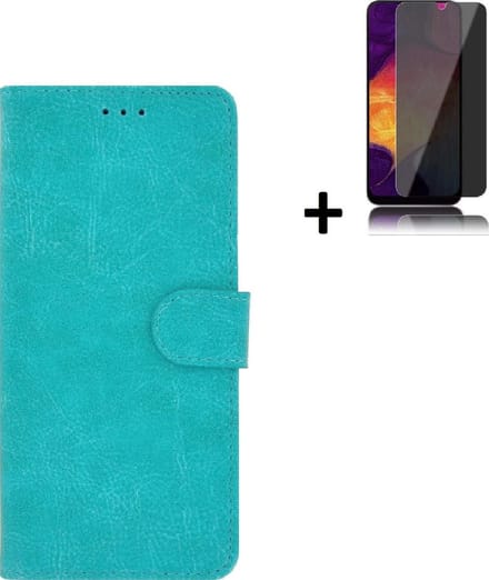 Geschikt voor Samsung Galaxy A03s Hoesje - A03s Screenprotector - Wallet Bookcase Turquoise + Privacy Screenprotector