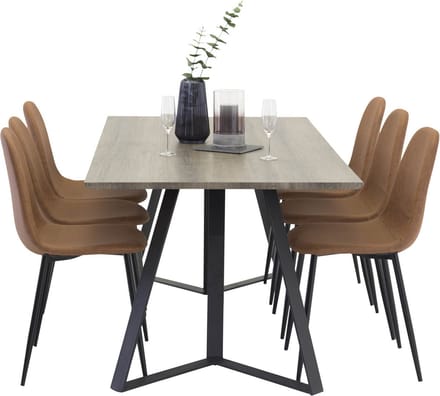MarinaGRBL eethoek eetkamertafel el hout decor grijs en 6 Polar eetkamerstal PU kunstleer bruin.