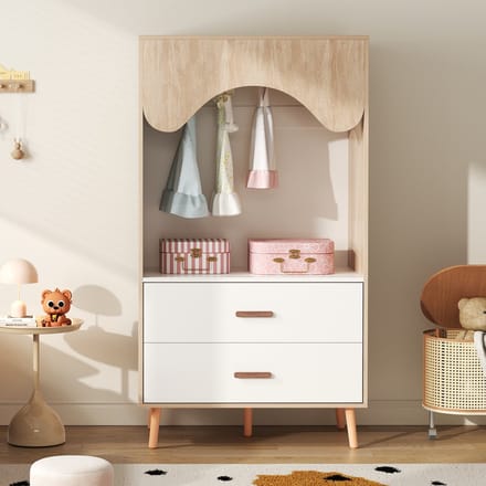 Kinderkleiderschrank 80×46×141,5cm | Wit+Naturholz | Open Design + Kleiderstange + 2 Schubladen | MDF