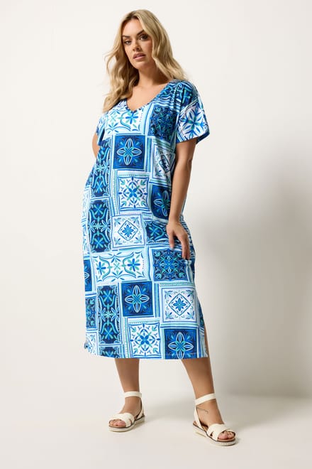 Yours Blauwe Midijurk Met Tegelprint Size 42