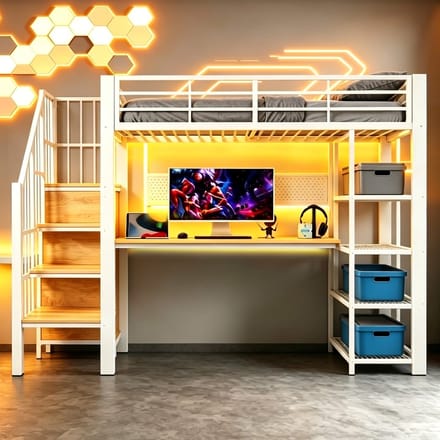 Hoogslaper 90x200 met Bureau – Opbergrekken, LED, Stopcontact en Veiligheidshek – Wit – Hoogslaper met Trap – Lades – Opbergruimte