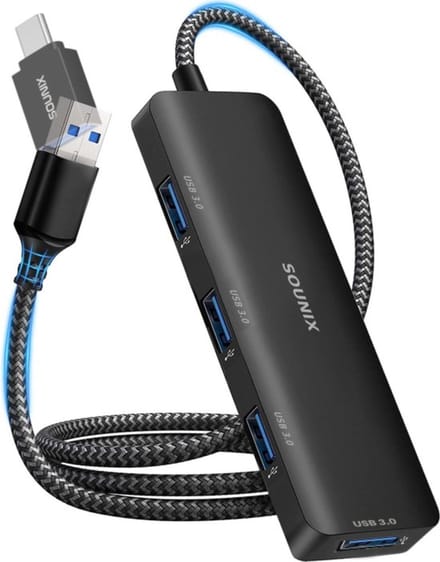 Sounix USB 3.0 Hub met 60cm Kabel - USB Splitter - 4 extra USB 3.0 A Poorten - USB C Hub - 5 Gbps - Aluminium - Zwart