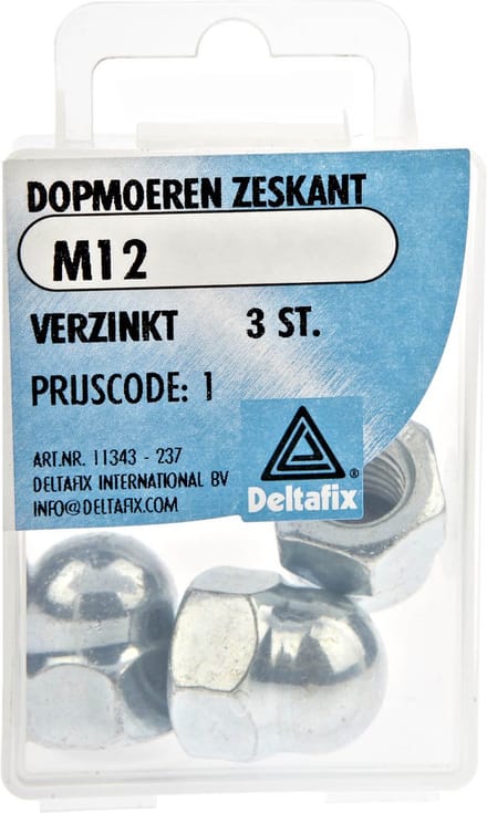 Dopmoer. Zeskant. Verzinkt. M12. 3 stuks. din 1587 Deltafix.