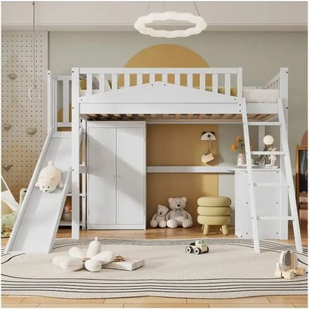 Merax Hoogslaper 90 x 200 cm met glijbaan, kledingkast en bureau - Dennen + MDF + multiplex - Lattenbodem - Wit