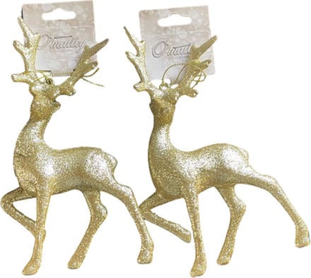 Kerst ornament Rendier - Set van 2 - Rendier Ornament - Rendier Kersthanger Goud Glitter - Goud