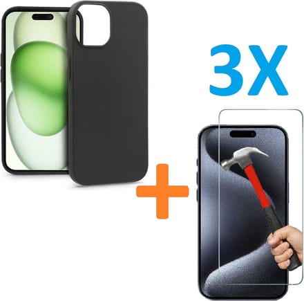 Soft TPU Zwart hoesje Silicone Case + 3 stuks Glas Screenprotector - Geschikt voor: iPhone 15 Plus