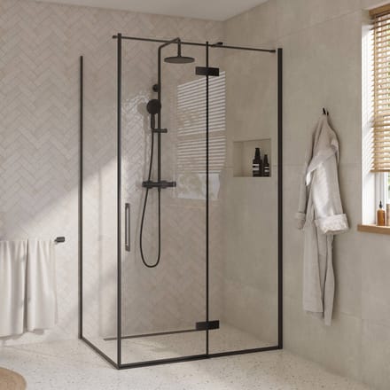 Saqu Grace douchecabine met draaideur rechts incl. antikalk 120x90x210cm mat zwart