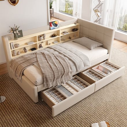 MODFU Bedframe 140x200 cm – beige linnen – met LED (app), USB, 2 laden en opbergvakken