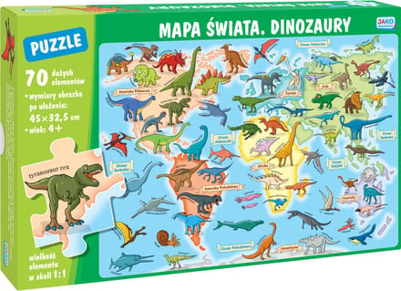 Mapa świata Dinozaury Puzzle 70 elementów - Wereldkaart Dinosaurussen Puzzel 70 stukjes