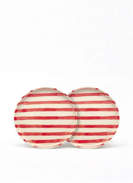 vtwonen - Borden - Lunchbord - Strepen - Rood - Set van 2 - Keramiek - 20cm