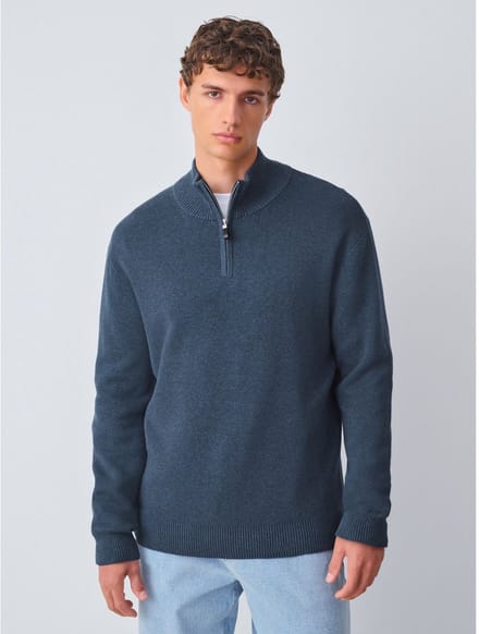 Next - Heren - Effen - Regular fit 100% katoenen premium trui met korte rits - Blauw