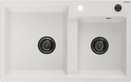 Mexen Tomas granieten spoelbak 2-vaks 800 x 500 , wit, zwarte sifon - 6516802000-20-B