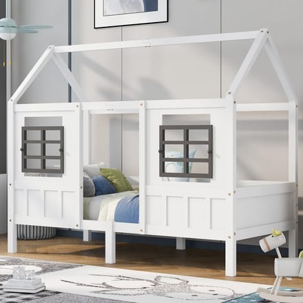 REDOM Huisbed 200x90 cm – Wit – Massief hout & MDF – Met 2 ramen & veilig huisvormontwerp
