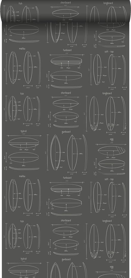 ESTAhome behang technische tekeningen van surfplanken donkergrijs - 53 cm x 10.05 m - 128872