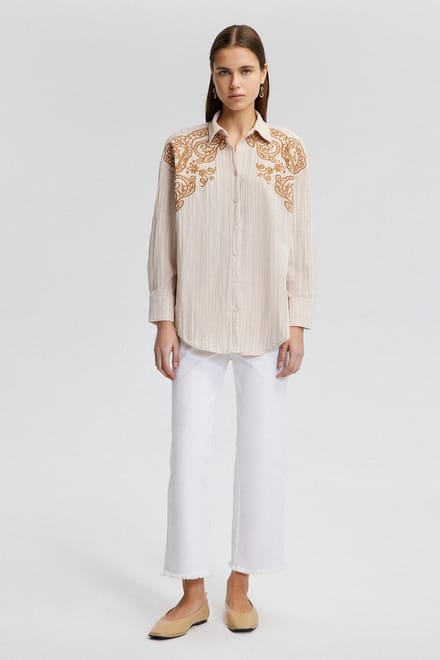 Touché Privé - Overhemd met natuurlijke textuur en borduursel - Beige - Dames
