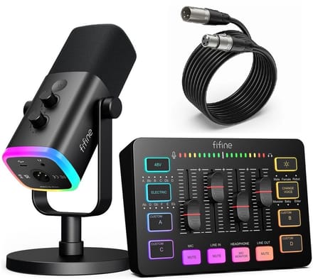 FIFINE KS-5 - Starterspack - AM8 & SC3 - Podcast Starterspack - Gaming Streaming - USB RGB Microfoon - Streaming Deck - DJ Mixer - Zwart
