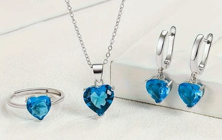 Collier, oorbellen en verstelbare ring, blue heart.