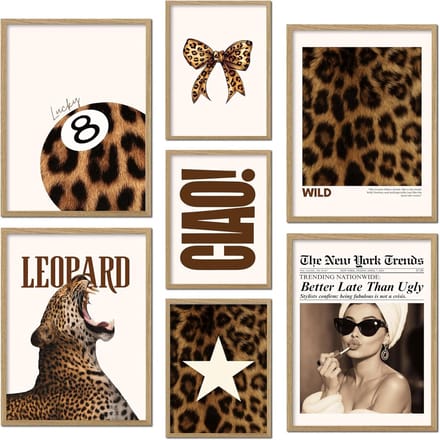 Posterset Luipaardprint - Cheetah Prints - Kamer Decoratie - Set van Zeven - Met Houten Lijst - Multicolor