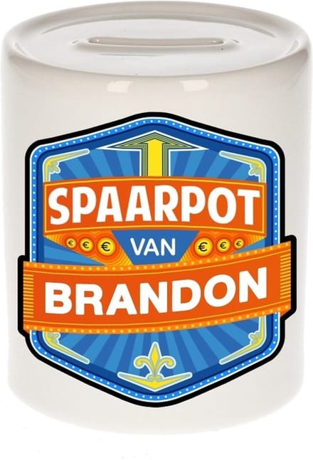 Bellatio Decorations Kinder spaarpot met naam - Brandon - keramiek - met dop - wit - Sparen - Spaargeld van Brandon