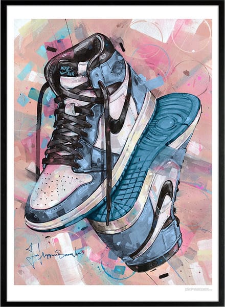 Sneaker print upside down university blue 51x71 cm *ingelijst & gesigneerd