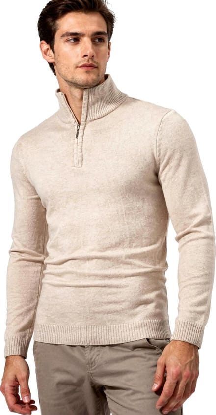 Aansluitende Coltrui met Rits - Beige - Wit - Trui - Heren