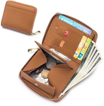 RFID Leren Portemonnee – Compacte Rits Kaarthouder, Munt- en Geldvak voor Heren en Dames - Bruin