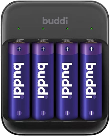 Buddi Battery Charger AA + AAA Batterij USB-C Oplader 4 Stuks Zwart