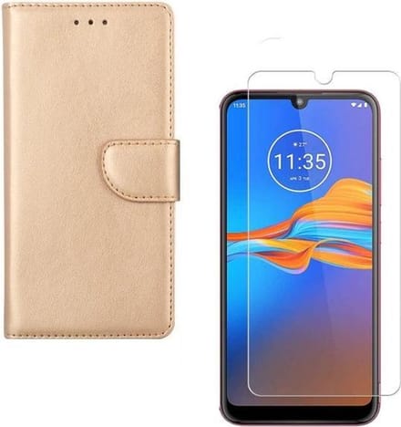 hoesje Geschikt voor: Motorola Moto E6 Plus Portemonnee Goud met 2 stuks Glas Screen protector