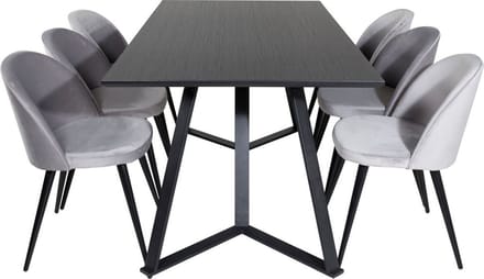 MarinaBLBL eethoek eetkamertafel zwart en 6 Velvet eetkamerstal velours lichtgrijs.