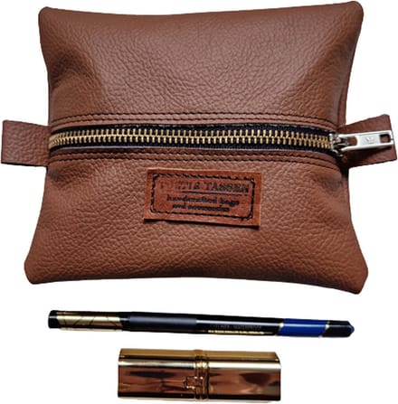 Toetie & Zo - Handgemaakte Makeuptas - Leer - Bruin - Plat model - Toilettas - Etui