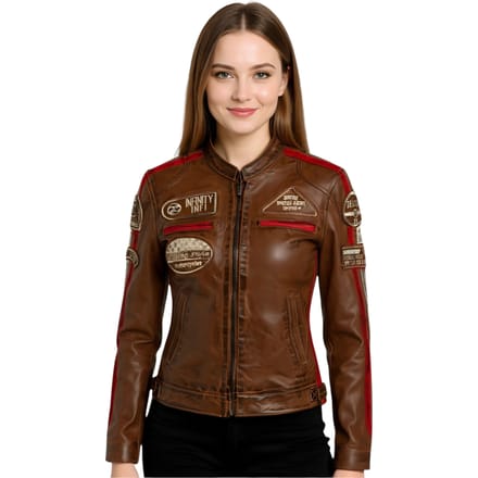 Dames bruine leren bikerjack met racebadges - Dalby
