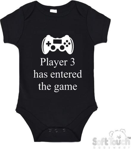 100% katoenen Romper "Player 3 has entered the game" Unisex Katoen Zwart/wit Maat 56/62