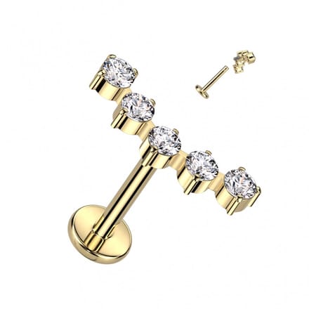 Piercing titanium 5 gemmed ronde top 1.2x8 - goud - LMPiercings
