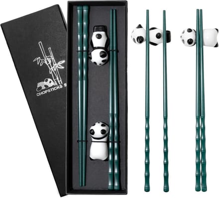 Eetstokjes Set Bamboe met Schattige Panda Stokjeshouders - Cadeauverpakking