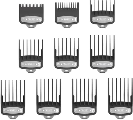Wahl Premium snijgidsen met poly -tas - premium bevestigingskammen, 1,5 mm tot 25 mm - geschikt voor alle Wahl Corded Hair Clippers, 10 pc's