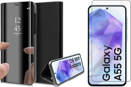Hoesje geschikt voor Samsung Galaxy A55 - Screenprotector Glas - Spiegel Book Case Zwart