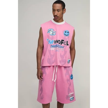 Oversized Boxy Moto Grafische Tanktop En Jort Set | Pink | Size Medium