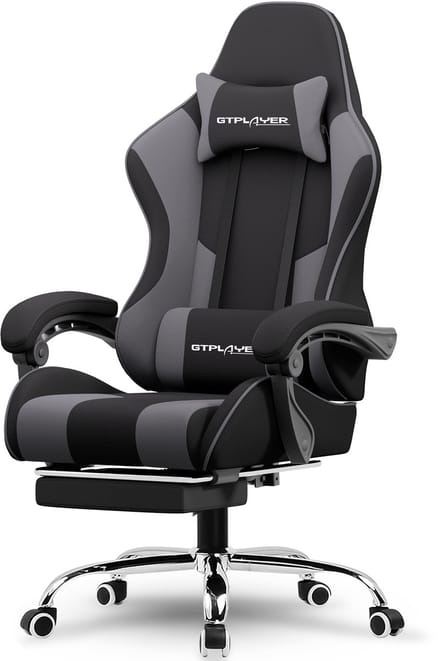 GTPLAYER Gamingstoel 135° verstelbaar, ergonomisch, met uitschuifbare voetsteun - Grijs stof