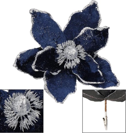 Springos Kunstbloem | Kerst |Ster van Bethlehem | Clip | Marineblauw | Glitters