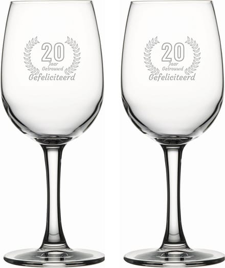 Gegraveerde set witte wijnglazen 26cl Gefeliciteerd 20 jaar getrouwd