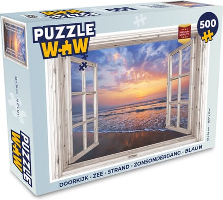 Puzzel Doorkijk - Zee - Strand - Zonsondergang - Blauw - Legpuzzel - Puzzel 500 stukjes