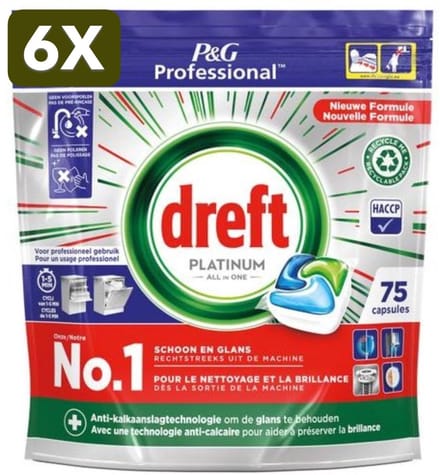6 x Dreft Platinum Regular All in 1 Vaatwastabletten - 75 Tabs