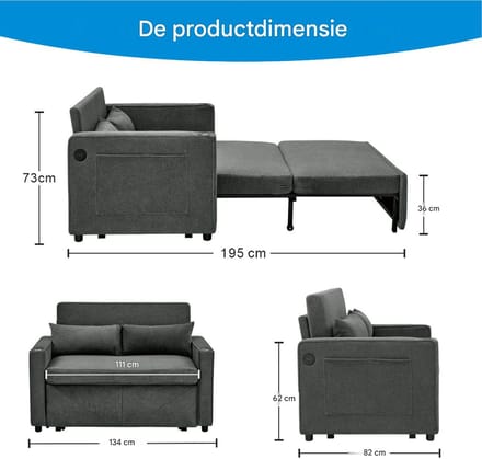 Slaapbank 2-Zits - Uitschuifbaar Bankbed Met USB - Donkergrijs - 3-In-1
