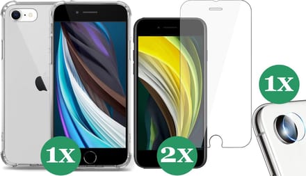 Hoesje geschikt voor iPhone SE 2022 / SE 2020 / 8 / 7 Transparant Shock Case - 2x Screenprotector Glas + 1x Camera Screen Protector