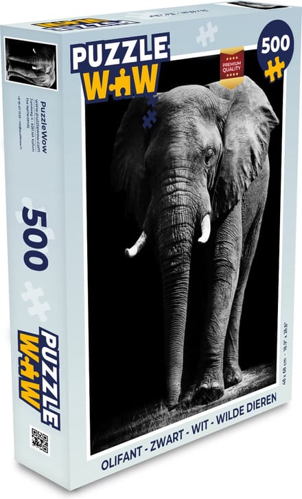 Puzzel Olifant - Zwart - Wit - Wilde dieren - Legpuzzel - Puzzel 500 stukjes
