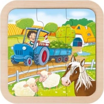 Goki Houten Puzzel - set van 3 - brandweer, tractor, paard - 9 stukjes