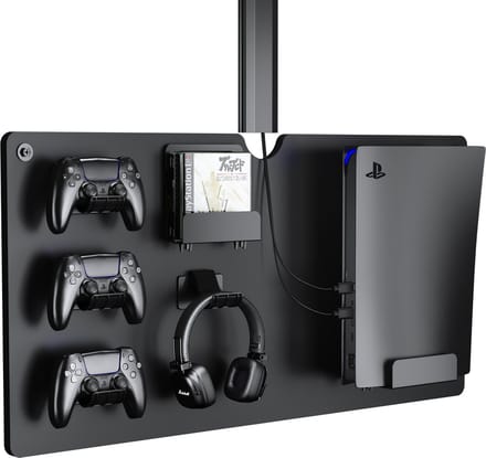 Wandplank voor opbergen van spelcomputer console controllers en headset