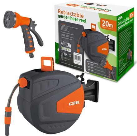 COIL Tuinslang - Retractable Tuinslanghaspel 20m + 2m – Automatisch Oprolsysteem met Smart Stop – Inclusief 9functioneel Sproeipistool – Wandmontage