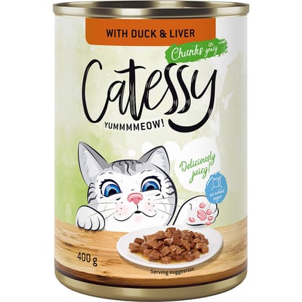48x400g Hapjes in Saus of Gelei met Eend en Lever in Saus Catessy Kattenvoer