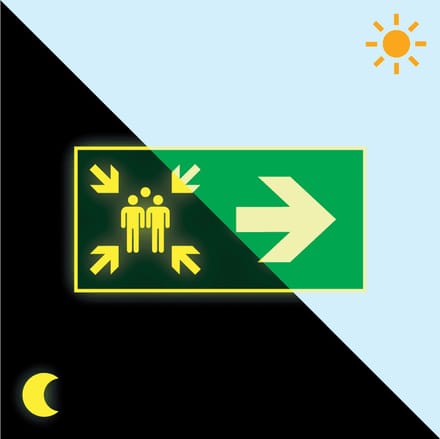 Extra lichtgevend verzamelplaats bord met pijl rechts 400 x 200 mm